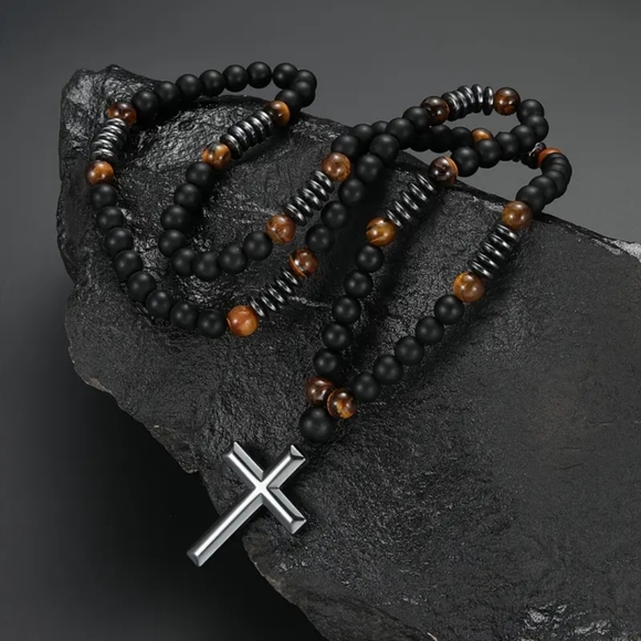 8mm Black Obsiden & Tiger Eye Natural Stone Bead Necklace & Cross for Men/Women - Picture 3 of 8